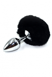 AP-AL001S-R8B Серебряная анальная пробка с черным заячьим хвостиком (Small)